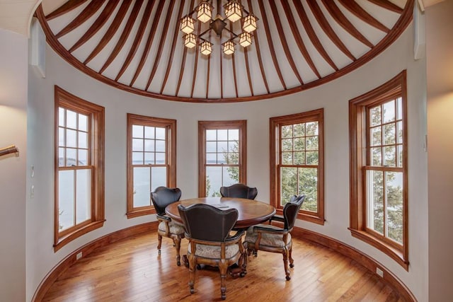 dining area featuring light hardwood / wood-style flooring and an inviting chandelier