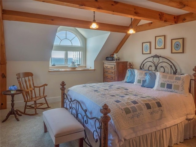 bedroom with light carpet, vaulted ceiling with beams, and a water view