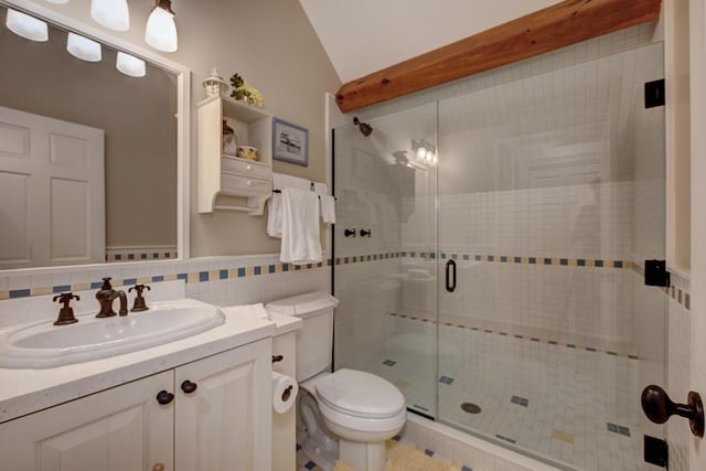 bathroom with decorative backsplash, an enclosed shower, tile walls, toilet, and lofted ceiling