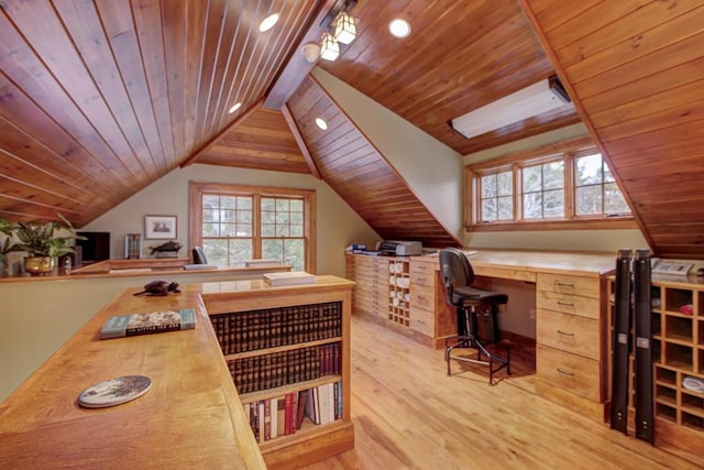 office area with vaulted ceiling with beams, light hardwood / wood-style flooring, and wooden ceiling