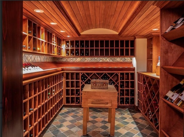 wine cellar with wooden ceiling