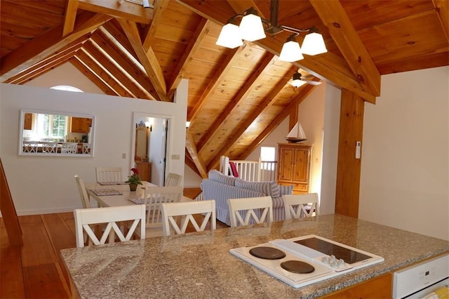 kitchen featuring white electric cooktop, wood ceiling, beam ceiling, and light hardwood / wood-style flooring