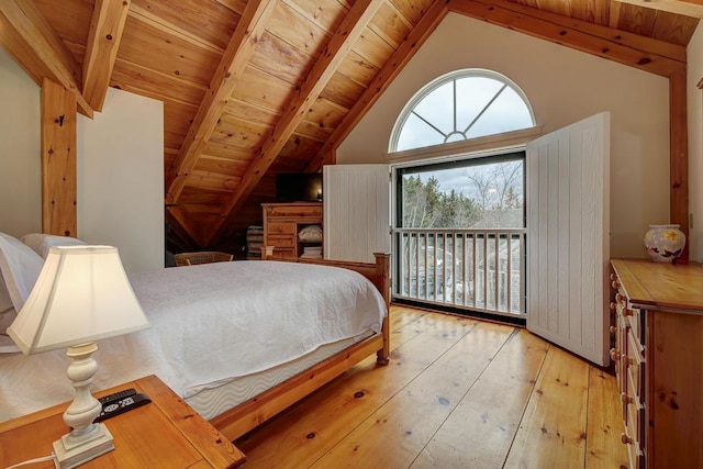 bedroom featuring lofted ceiling with beams, light hardwood / wood-style flooring, and wooden ceiling