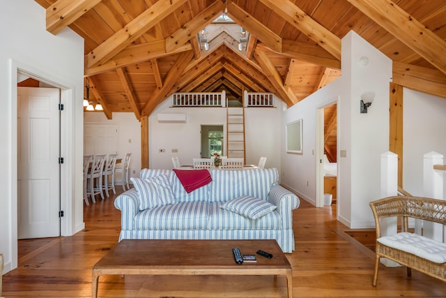 62 Sols Cliff Rd, Bar Harbor, ME 04609 - living area with wood-type flooring, wood ceiling, and an AC wall unit