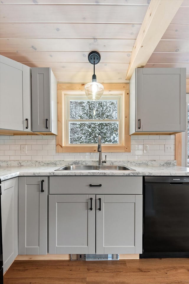 kitchen with pendant lighting, dishwasher, sink, decorative backsplash, and wood ceiling