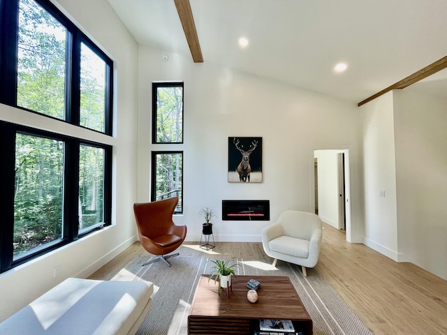 living room with beamed ceiling, high vaulted ceiling, and light wood-type flooring