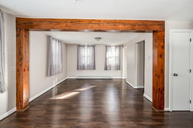 unfurnished room with beam ceiling, a baseboard heating unit, and dark hardwood / wood-style floors