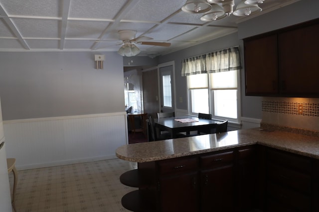 kitchen with kitchen peninsula, dark brown cabinetry, and ceiling fan