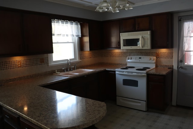 kitchen featuring backsplash, dark brown cabinetry, white appliances, and sink