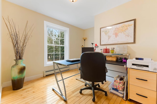 office space with baseboard heating and light hardwood / wood-style flooring