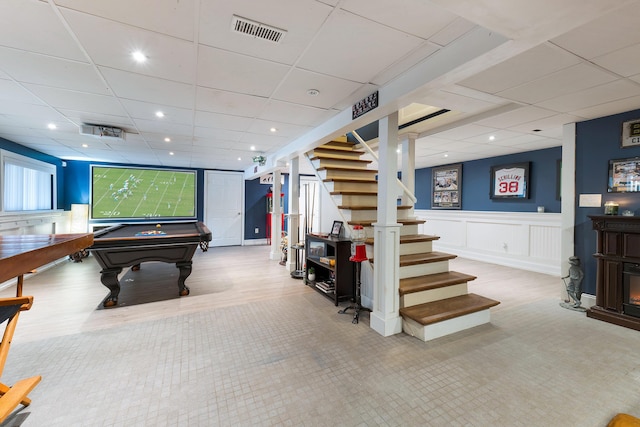 game room featuring a paneled ceiling and billiards