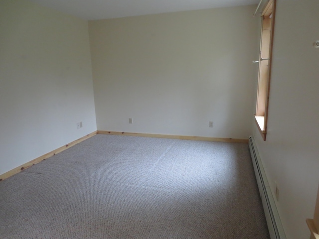 empty room featuring carpet floors and a baseboard radiator