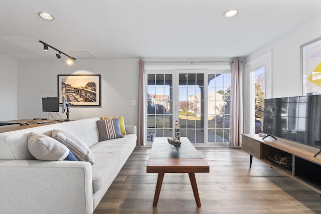 living room with dark hardwood / wood-style flooring and rail lighting