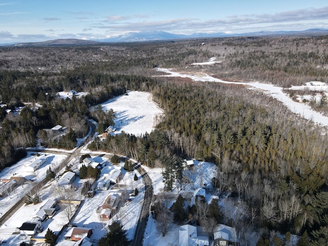 snowy aerial view featuring a mountain view