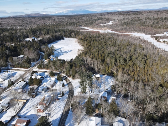 snowy aerial view featuring a mountain view