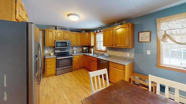 kitchen featuring light wood-type flooring, decorative backsplash, appliances with stainless steel finishes, and sink