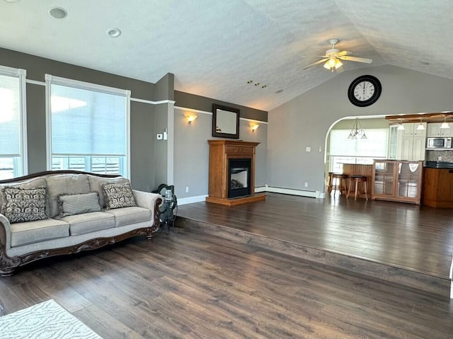 living room with a baseboard radiator, dark wood-type flooring, vaulted ceiling, and a healthy amount of sunlight