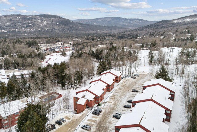 snowy aerial view with a mountain view