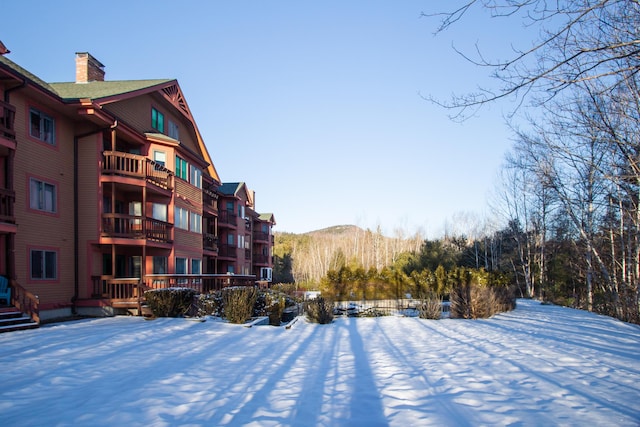 view of snow covered building