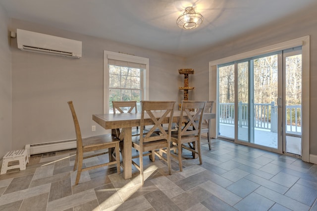 tiled dining area featuring baseboard heating and a wall mounted air conditioner