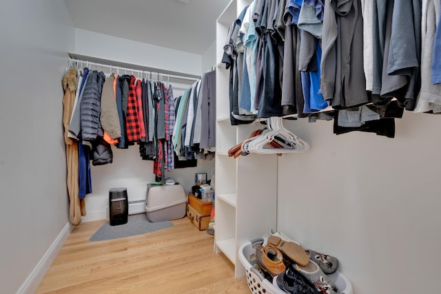 walk in closet featuring hardwood / wood-style flooring and a baseboard radiator