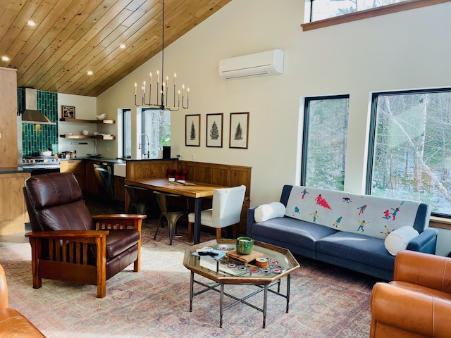 living room with high vaulted ceiling, wooden ceiling, an inviting chandelier, and a wall mounted AC