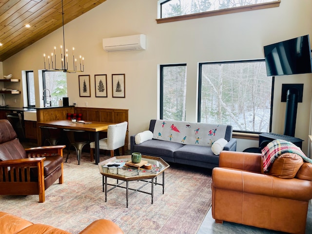 living room with wooden ceiling, a wall mounted AC, a notable chandelier, high vaulted ceiling, and a wood stove