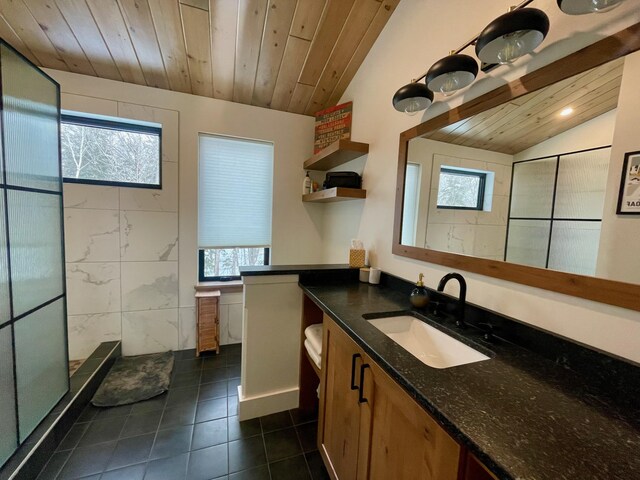 bathroom with a shower, vanity, vaulted ceiling, and wood ceiling