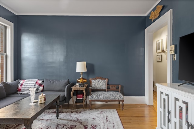 living room featuring hardwood / wood-style floors and ornamental molding