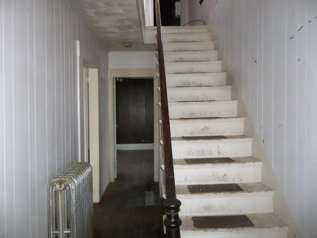 stairs with radiator and wood walls