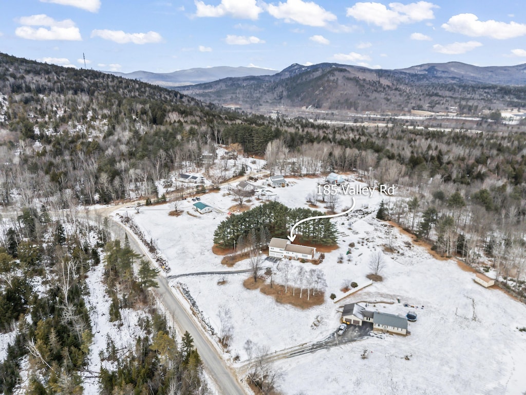 snowy aerial view featuring a mountain view