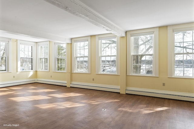 unfurnished sunroom featuring beam ceiling