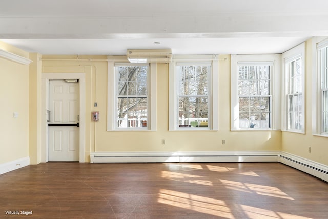 unfurnished dining area featuring dark wood-style floors, a wall mounted air conditioner, and baseboard heating