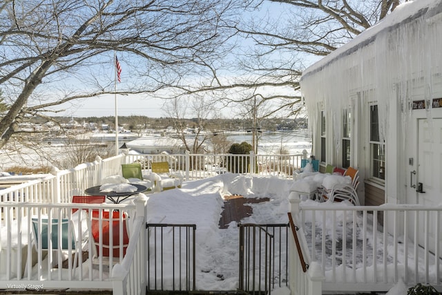 view of snow covered patio