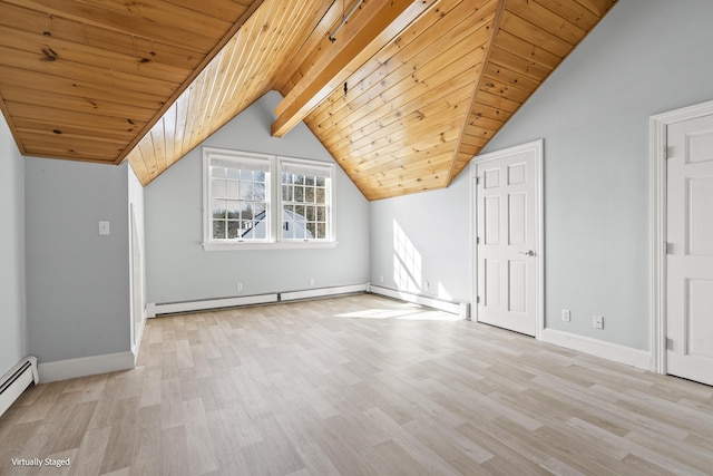 bonus room with baseboards, lofted ceiling with beams, wood ceiling, light wood-style floors, and a baseboard heating unit