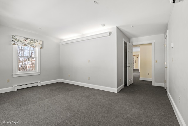 unfurnished room featuring a baseboard radiator, baseboards, and dark colored carpet