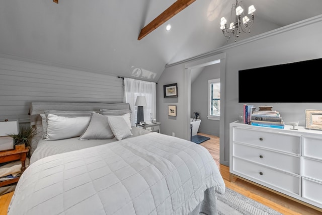 bedroom with vaulted ceiling with beams, light wood-type flooring, and a chandelier