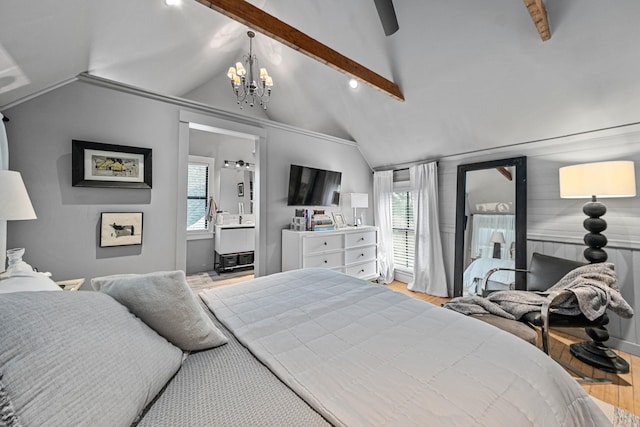 bedroom with lofted ceiling with beams, ceiling fan with notable chandelier, and wood-type flooring