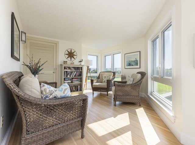 living room featuring a textured ceiling, light wood-type flooring, and a healthy amount of sunlight