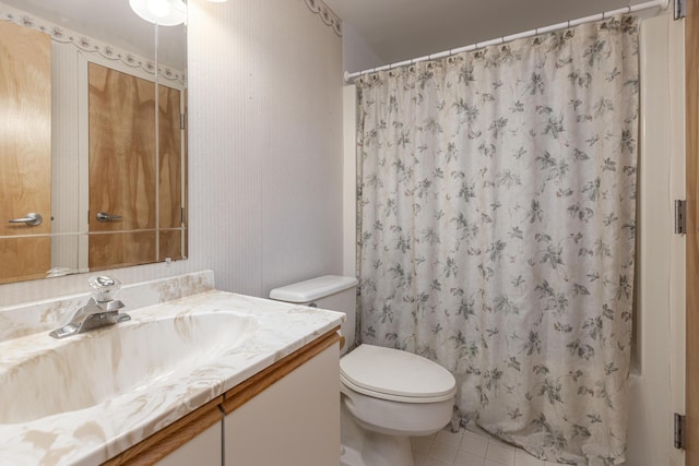 full bathroom with toilet, tile patterned flooring, shower / bath combination with curtain, and vanity