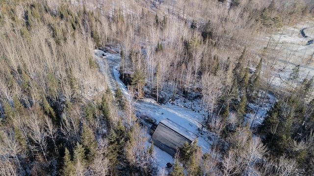 birds eye view of property featuring a wooded view