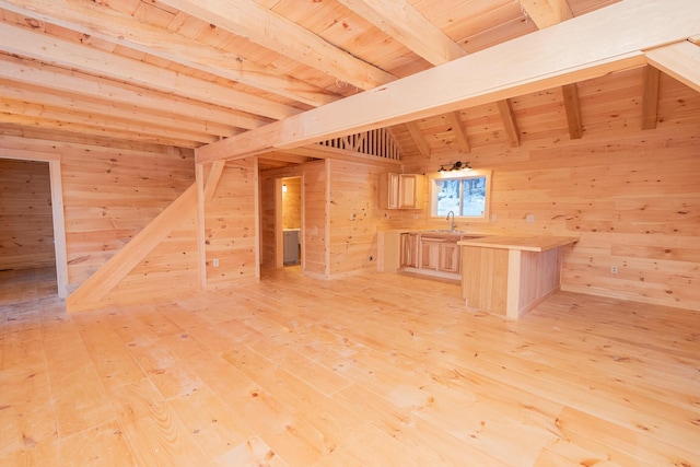 interior space featuring wood walls, light wood-type flooring, and wood ceiling