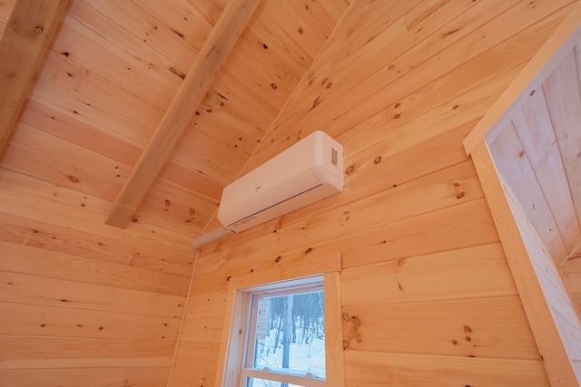 interior details with wood ceiling, an AC wall unit, beamed ceiling, and wooden walls