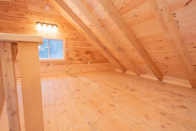 bonus room featuring lofted ceiling with beams, wooden ceiling, wood-type flooring, and wooden walls