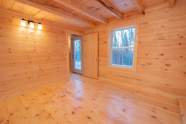 empty room with wooden ceiling, wooden walls, beamed ceiling, and wood finished floors