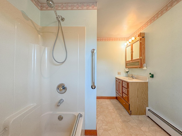 bathroom featuring shower / tub combination, vanity, and a baseboard radiator