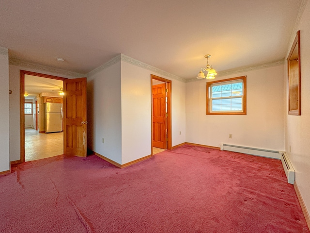 unfurnished room with light carpet, an inviting chandelier, a baseboard radiator, and ornamental molding