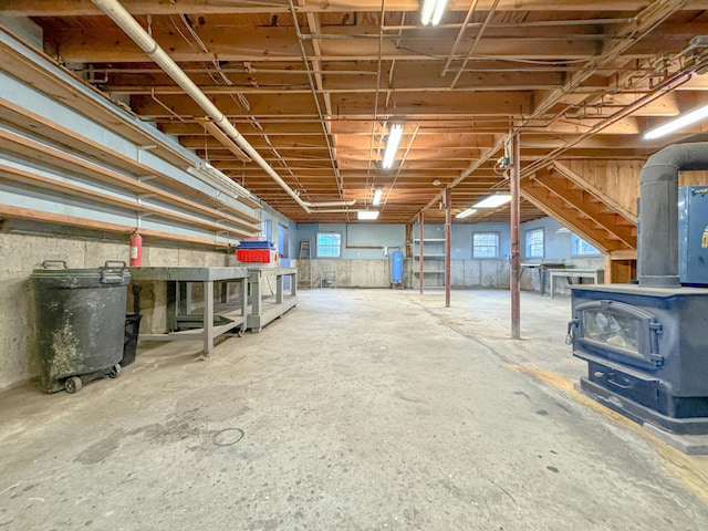 basement with a wood stove