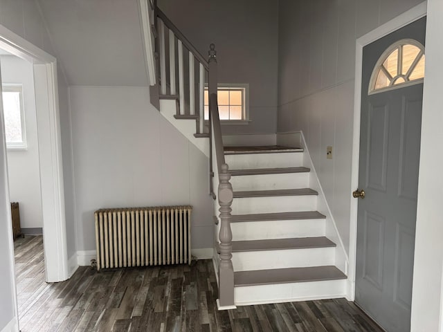 stairs featuring a wealth of natural light, wood-type flooring, and radiator