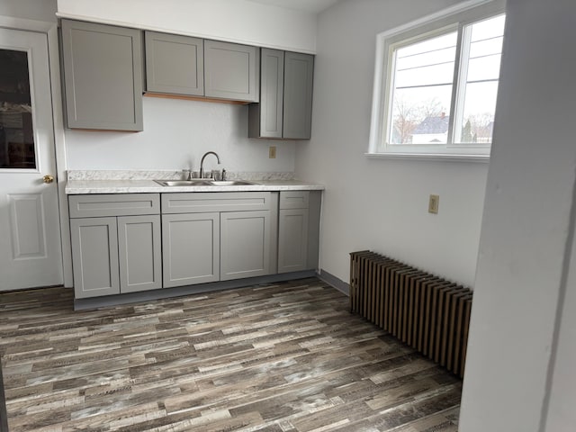 kitchen featuring gray cabinets, sink, dark hardwood / wood-style floors, and radiator heating unit